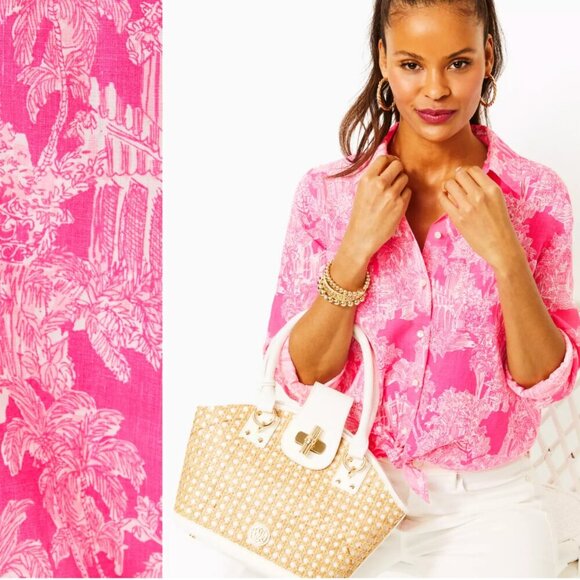 Lilly Pulitzer Tops - Lilly Pulitzer Sea View Button Down Linen Shirt Roxie Pink Pb Anniversary Toile